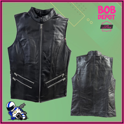 Veste Sans Manches en Cuir a Col Rond