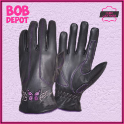 Gants de Moto en Cuir avec Broderie Papillon Mauve