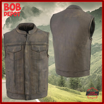 Veste Sans Manches Style Club en Cuir - Brun