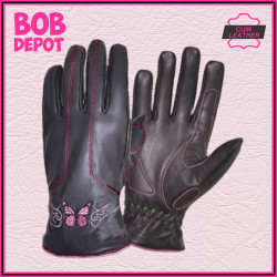 Gants de Moto en Cuir avec Broderie Papillon Rose