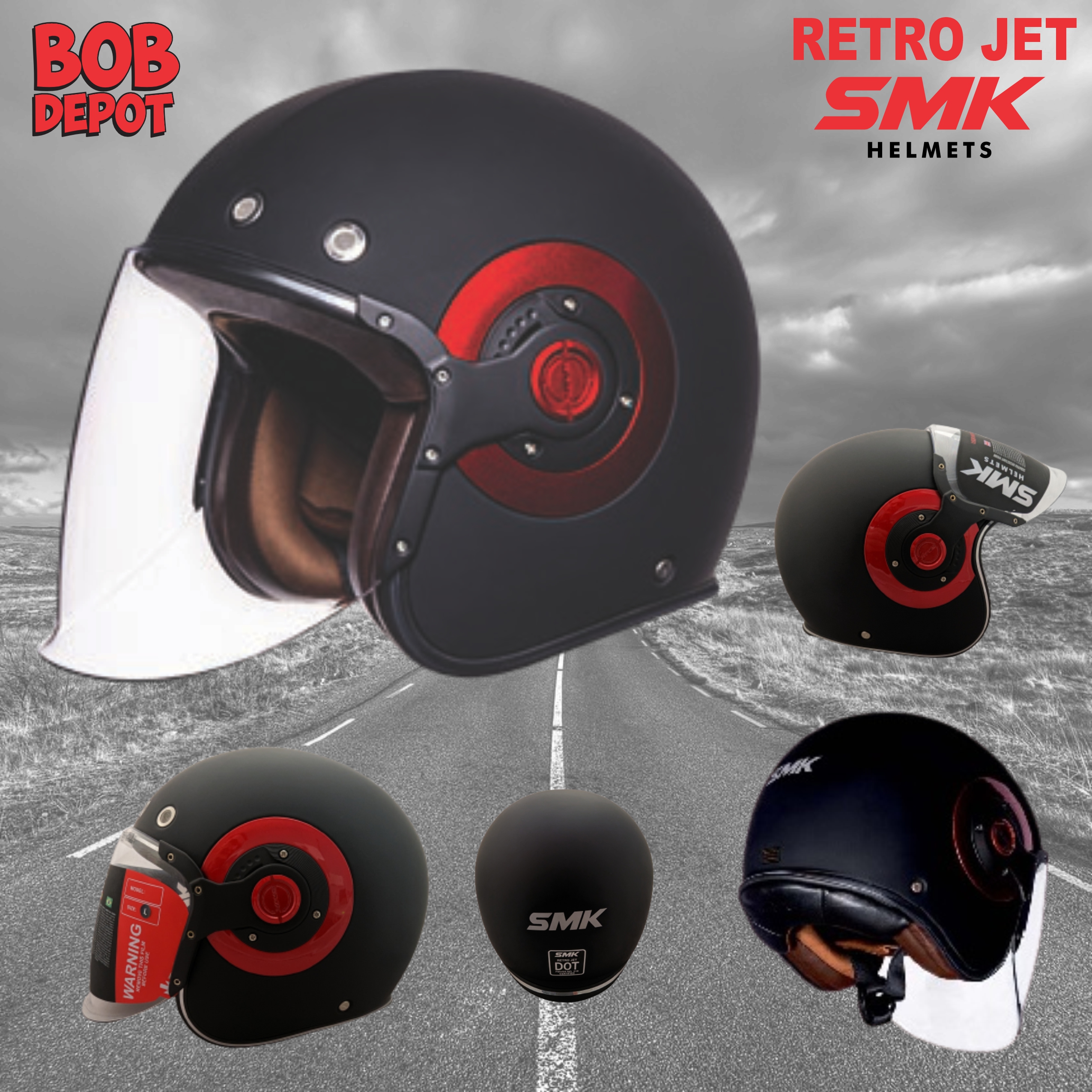 Casque de Moto Ouvert RETRO JET - Noir Mat/Rouge